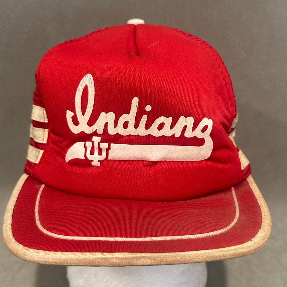 Vintage 3 stripe vIndiana Hoosiers Trucker Hat San Sun Red White IU Snapback 80s